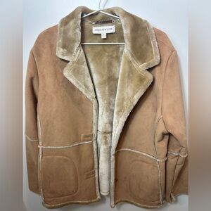 Jones New York Faux Shearling Coat Tan Suede Jacket Faux Fur Lined XL Winter